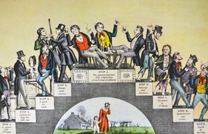 Illustratie van Currier & Ives 19e Eeuw. De Vooruitgang van de Dronkaard, Van het Eerste Glas tot het Graf